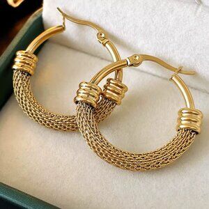 Anthropologie Gold Textured Chain Hoop Earrings